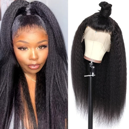 Synthetic Wig 26-Inch Black Kinky-Straight Yaki with HD Lace Front, Glueless Cap and 160°C Fiber