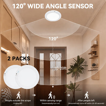 Wireless LED Ceiling Light with Motion Sensor 2 Pack - 5500mAh Rechargeable, Remote Control, 3 Brightness Modes, Magnetic Mount, No Wiring for Living Room, Kitchen, Bathroom, Hallway & Corridor