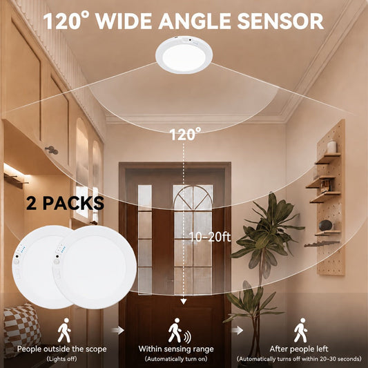 Wireless LED Ceiling Light with Motion Sensor 2 Pack - 5500mAh Rechargeable, Remote Control, 3 Brightness Modes, Magnetic Mount, No Wiring for Living Room, Kitchen, Bathroom, Hallway & Corridor
