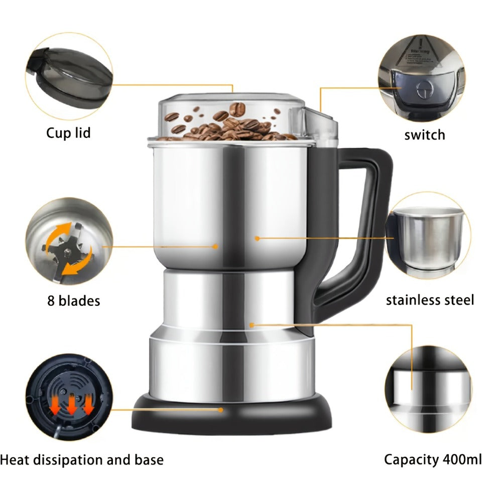 300W-Labeled Electric Coffee Grinder with Eight-Blade Assembly, 400ml Stainless Cup and Silver Finish
