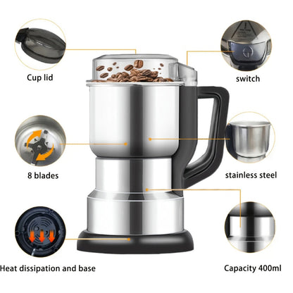 300W-Labeled Electric Coffee Grinder with Eight-Blade Assembly, 400ml Stainless Cup and Silver Finish