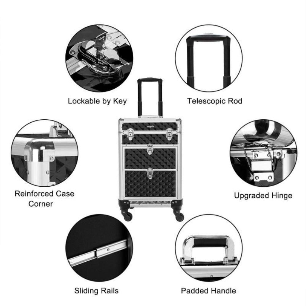 Black Rolling Makeup Train Case with Four Wheels, Telescoping Handle, Three Top Trays and Two Drawers
