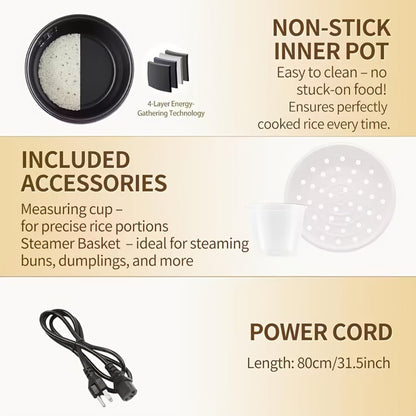 Rice Cooker 2L 4 Cups 10-in-1 Mini Multifunctional Compact Electric Rice Cooker for Rice Soup Stew Oatmeal Cake Steamed Vegetables Perfect for Small Kitchen Dorm Apartment
