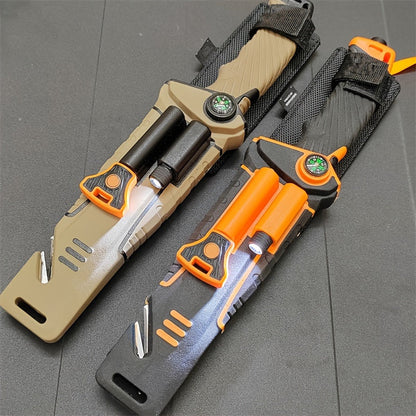 Fixed Blade Outdoor Camping Knife 9.64 Inch Stainless Steel, Survival Hunting Knife with Flint Fire Starter Night Light Sharpener Safety Sheath, Non-Slip Ambidextrous Handle for Hiking Mountaineering Adventure