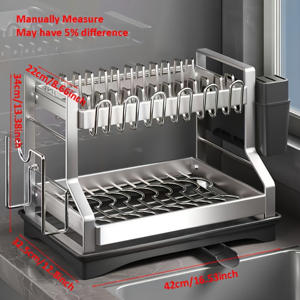 Stainless Steel Two-Tier Dish Drying Rack with Drainboard, Cup Holders, Utensil Caddy and Lid Rack