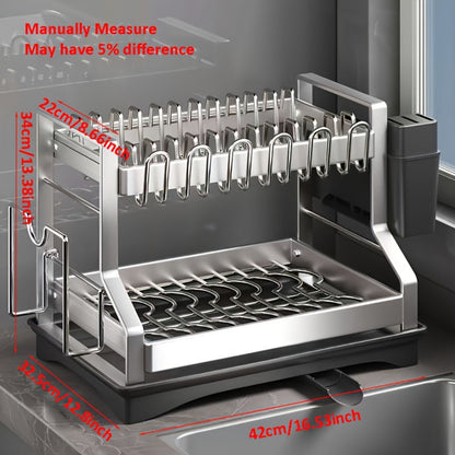 Stainless Steel Two-Tier Dish Drying Rack with Drainboard, Cup Holders, Utensil Caddy and Lid Rack
