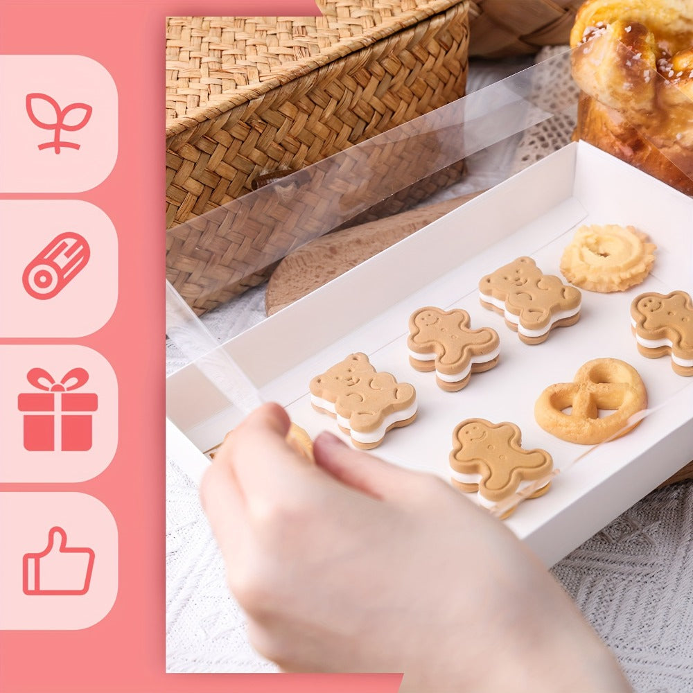 50-Pack White Pastry Presentation Boxes with Full Clear Lids and Pictured 9.5 x 6 x 1.2-Inch Size