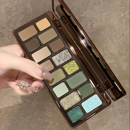 16-Color Eyeshadow Palette – Smoky Retro Matte Glitter & Pearlescent Shades, Gray Green Earthy Tones with Highlight & Blush, Compact Travel-Friendly Makeup Palette for Women