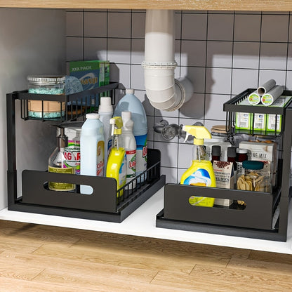 L-Shaped Sliding Drawer Organizer – Heavy-Duty Under Sink Storage Rack, Space-Saving Cabinet Organizer for Kitchen, Bathroom, Garage & Workshop, Large Capacity, Black & White