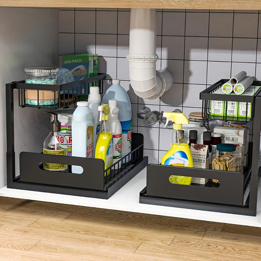 L-Shaped Sliding Drawer Organizer – Heavy-Duty Under Sink Storage Rack, Space-Saving Cabinet Organizer for Kitchen, Bathroom, Garage & Workshop, Large Capacity, Black & White