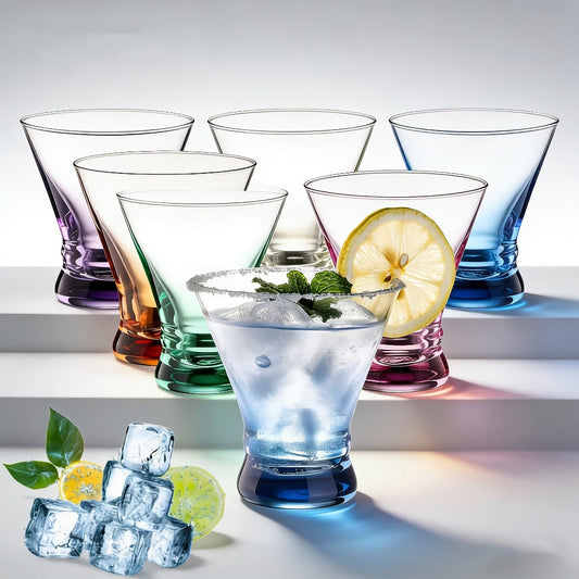 Stemless Martini Glasses Set of 6 – 8oz Colored Cocktail Glasses, Margarita Bar Dessert Glassware with Gradient Color Base, Espresso Martini Manhattan Party Glasses, Gift for Her