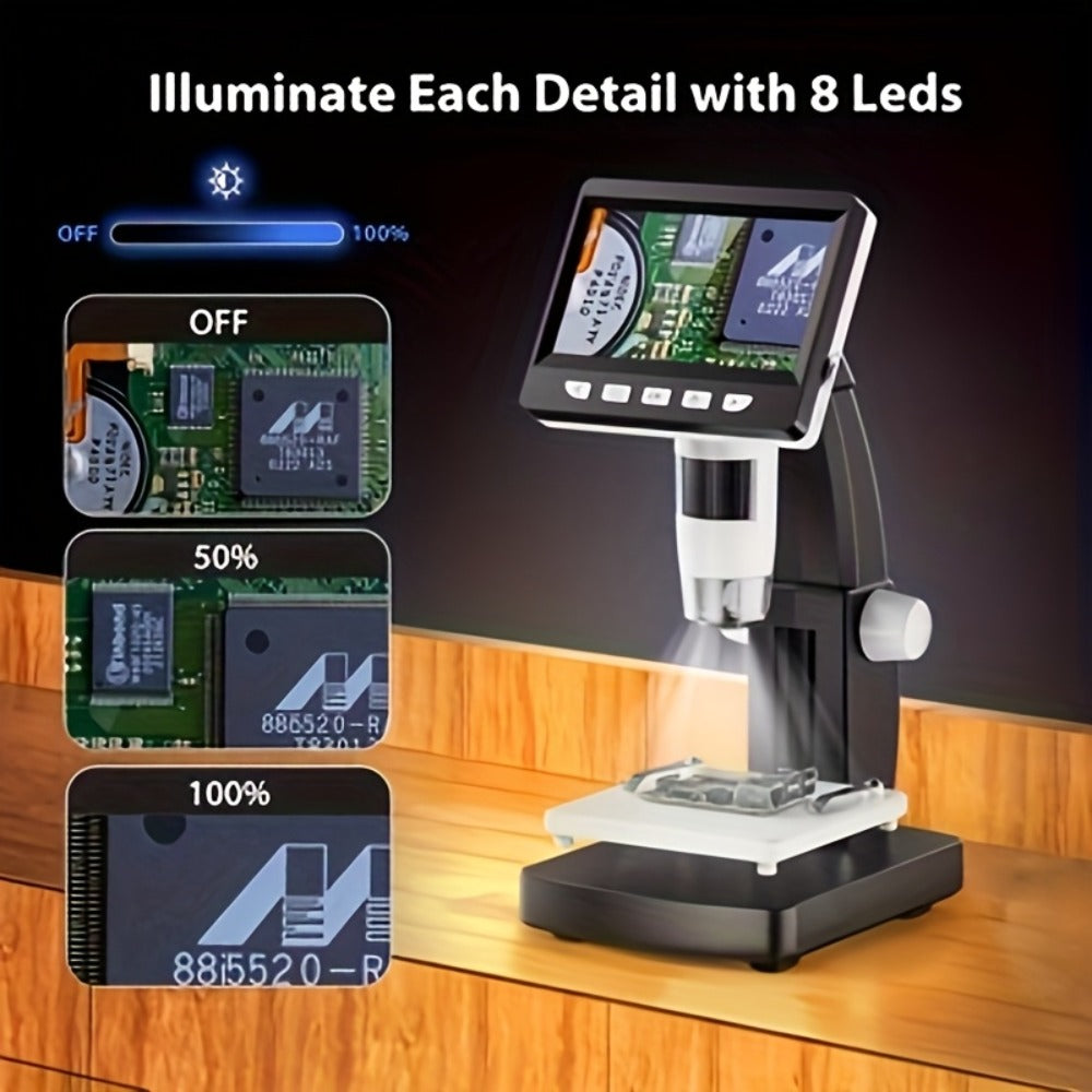 4.3-Inch Digital Microscope in Black or White with Eight LEDs and Compact Stand for Coin and Circuit Board Inspection