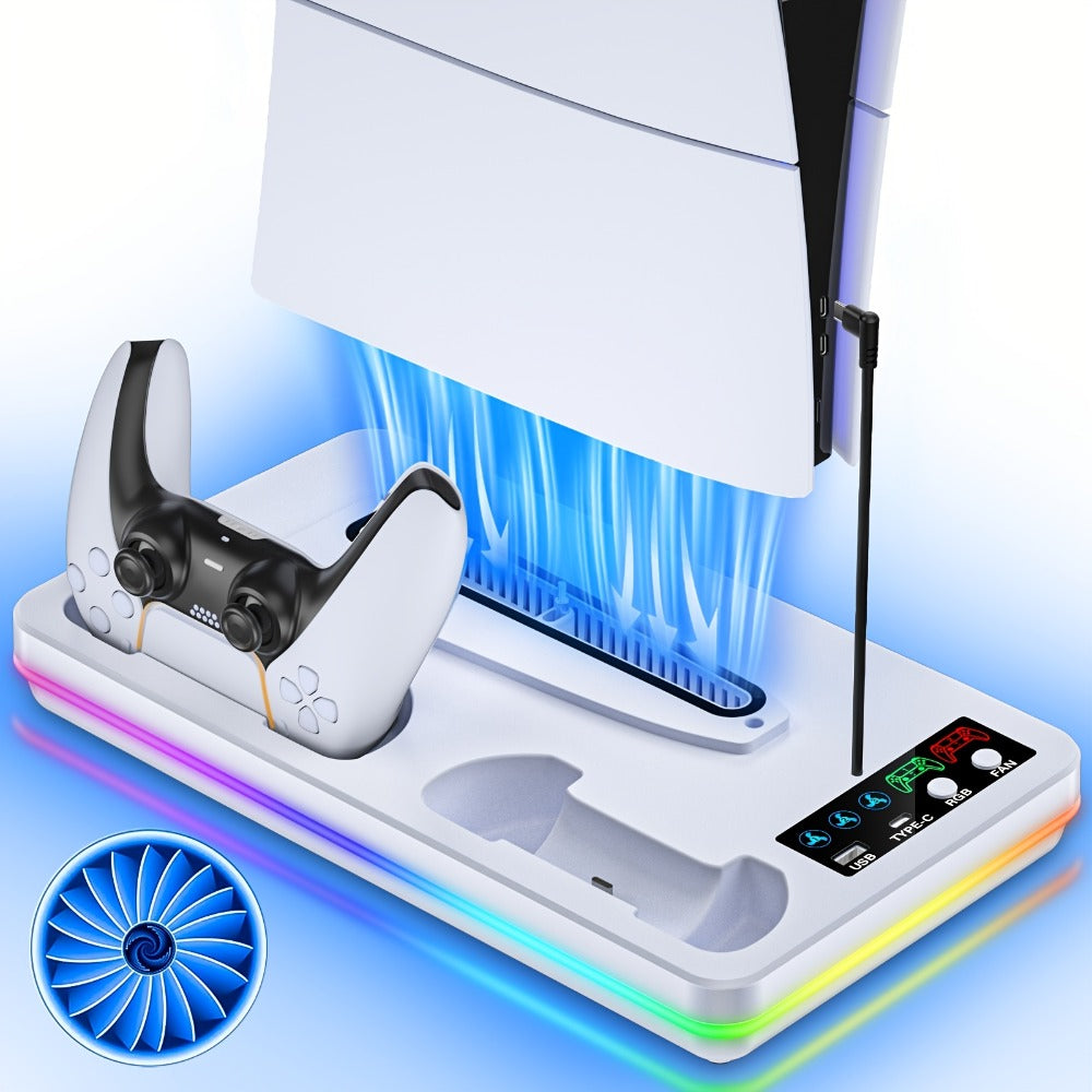 RGB Console Stand Compatible with PS5, Slim and Pro Models, Three-Speed Fan and Dual Controller Charging Dock