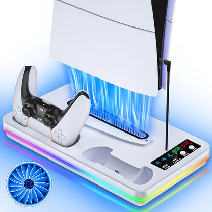 RGB Console Stand Compatible with PS5, Slim and Pro Models, Three-Speed Fan and Dual Controller Charging Dock