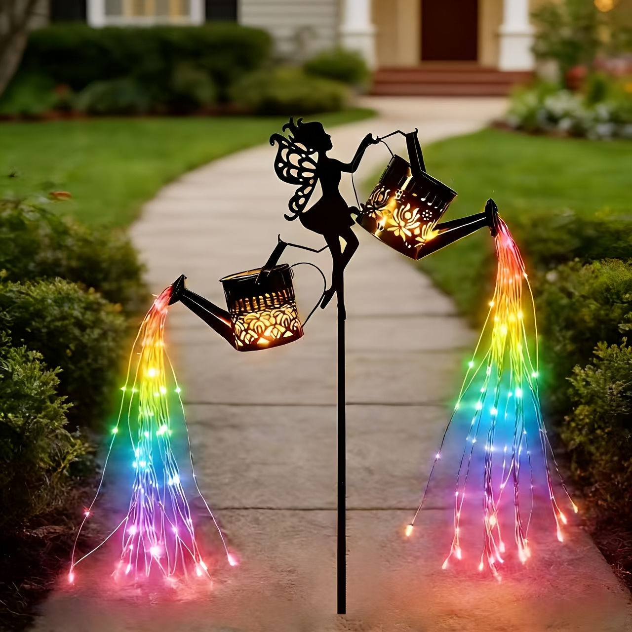 Solar Garden Lights Fairy Waterfall Statue with Multicolor String Lights and Ground-Stake Installation