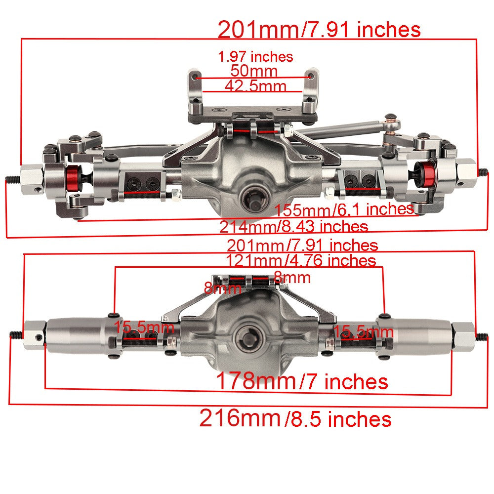 Front and Rear Metal Axle Upgrade Set for 1/10 RC Crawlers in Black or Gray with 8.43-Inch Overall Width