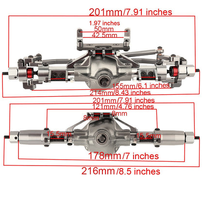 Front and Rear Metal Axle Upgrade Set for 1/10 RC Crawlers in Black or Gray with 8.43-Inch Overall Width