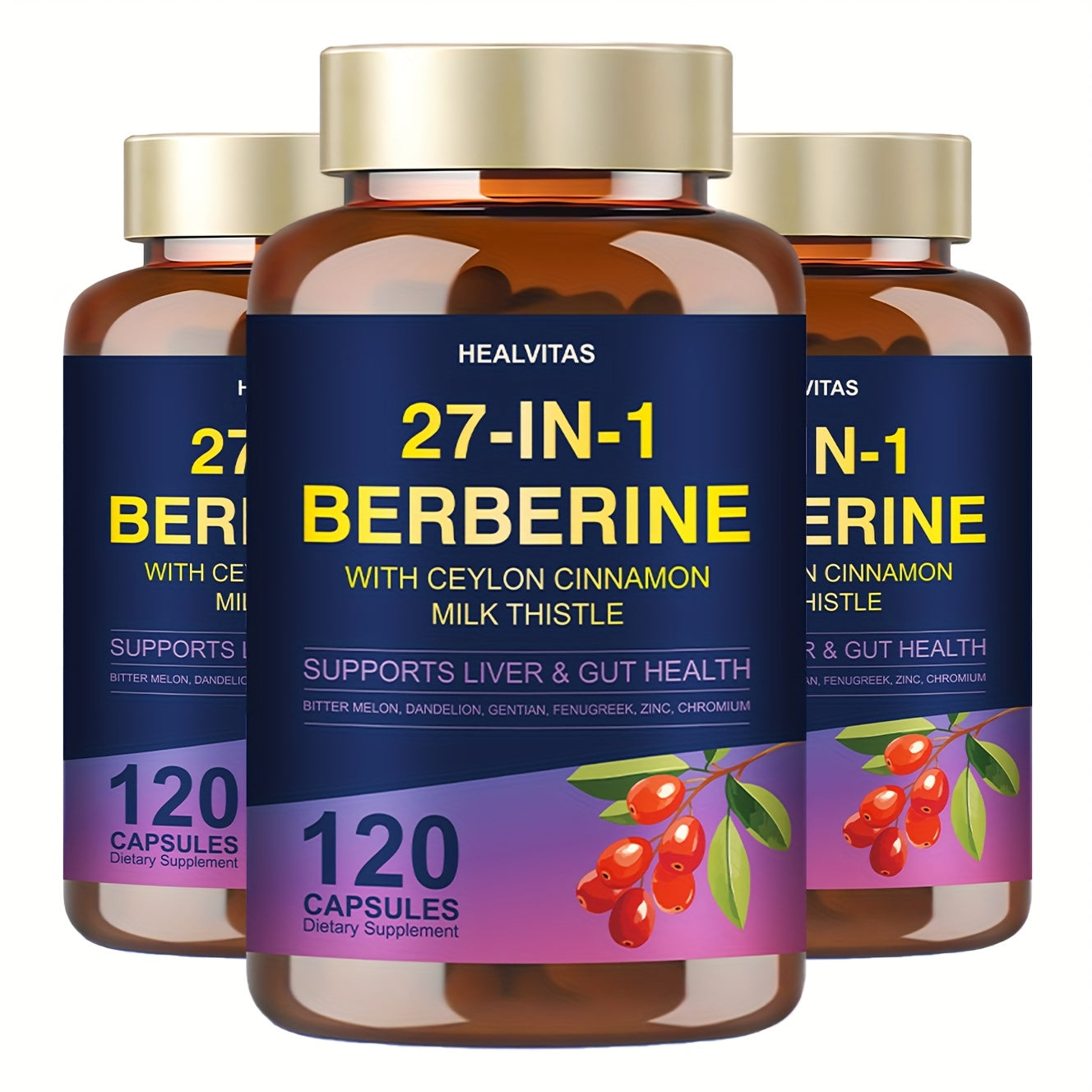 Herbal Supplements with HEALVITAS Label, 27-in-1 Berberine Formula Capsules, 120 or 360 Count