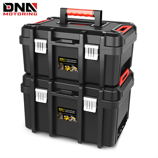 Tool Box Set 2-Piece Lockable - Large Capacity Portable Toolbox Organizer with Removable Tray, Double Lock Buckle, Hard Plastic, 17" x 13" x 18.5" - For Workshop, Garage, Car Trunk & Household Storage