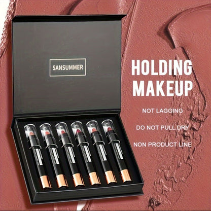 Matte Velvet Crayon Lipstick Gift Box Set 6 Shades Waterproof Long Lasting Highly Pigmented Easy Apply Twist-Up Lip Color for Women All Skin Tones Daily Wear Travel & Gifting