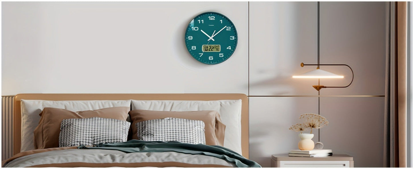Round Analog Wall Clock with LCD Calendar and Temperature Window, Four Colors and 10- or 12-Inch Sizes