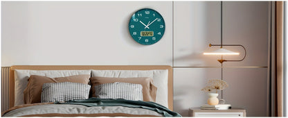 Round Analog Wall Clock with LCD Calendar and Temperature Window, Four Colors and 10- or 12-Inch Sizes