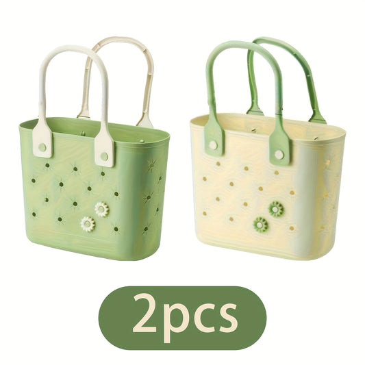 Rubber Tote Bag 2pcs Floral Pattern Beach Bag with Soft Handles Multipurpose Reusable Storage Bag for Bath Shopping Camping Home Travel Organizer