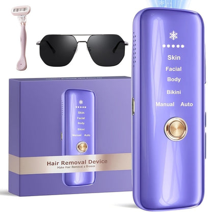 LEFINEE IPL Hair Removal Device in Violet with Five Intensity Indicators, Manual and Auto Labels and Display Controls