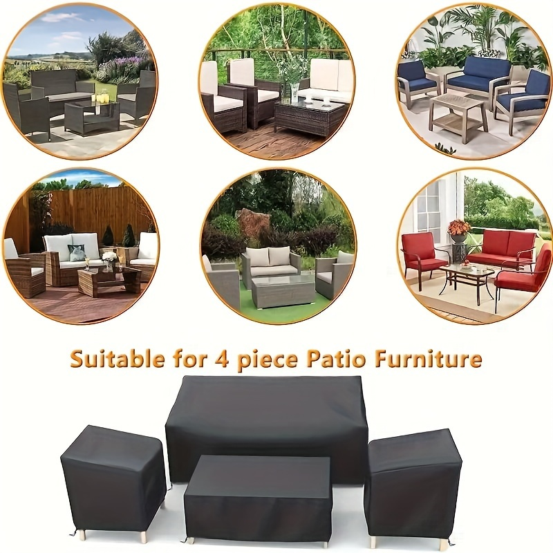 Four-Piece Black Patio Furniture Cover Set for Loveseat, Two Chairs and Coffee Table with Listed Dimensions