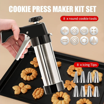 Cookie Press Set 8 Piece Stainless Steel Manual Churro Maker Flower Cookie Mold Baking Tool Set for Christmas Cookies Biscuit Decorating No Electricity Needed