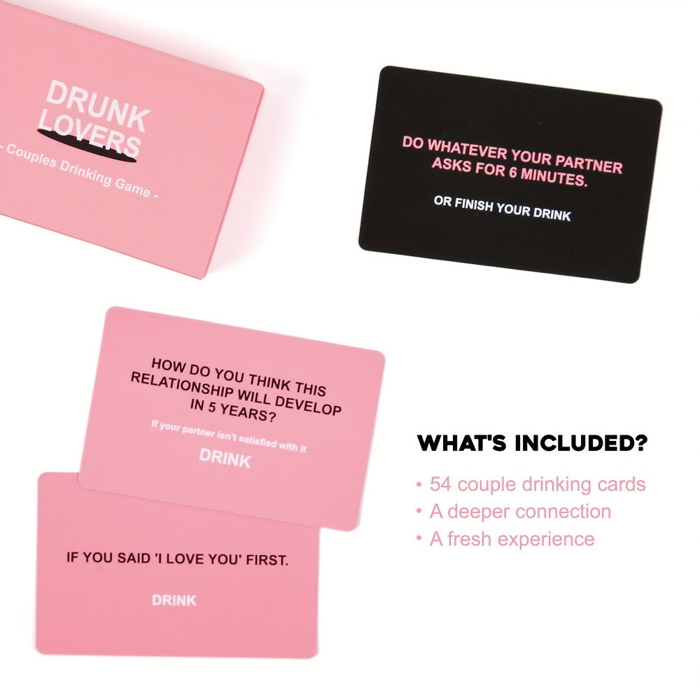 Drunk Lovers Couples Card Game with 54 Prompt Cards Split into 26 Pink and 28 Gray Cards, with Compact Pink Box