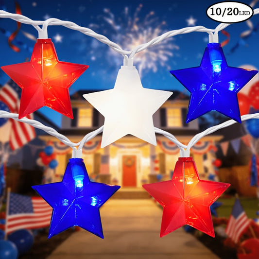 String Lights, Red White and Blue Star Lights with Plug-In Power, 8.5- or 12-Foot Length and 10 or 20 LEDs