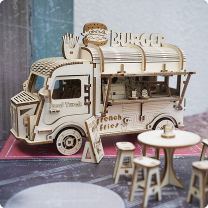 Wooden Food Truck 3D Puzzle Model Kit with Burger Stand Body, Miniature Tables and Pictured 21.5 cm Length