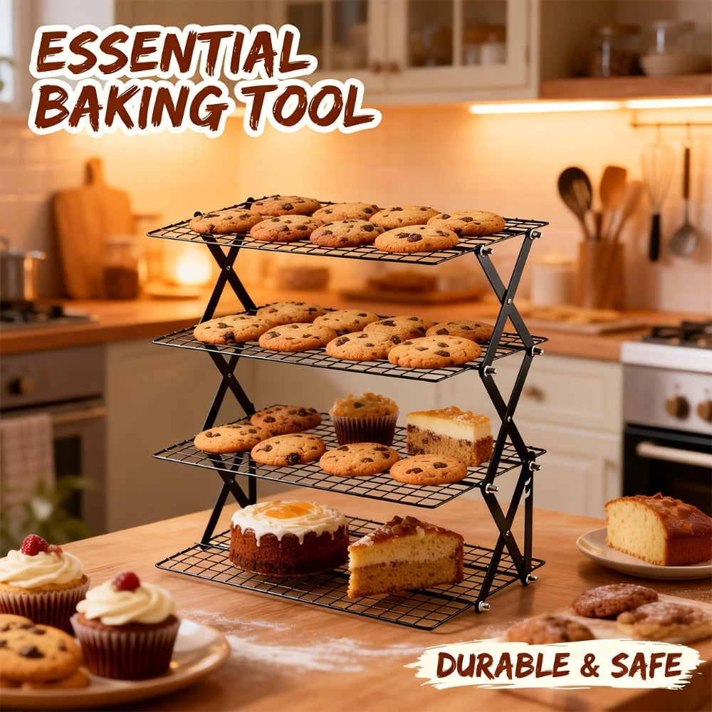 Foldable Cooling Rack Set – Stackable Oven Cookie Cake Drying Rack with Free Baking Tools (Silicone Spatula, Egg Beater, Tongs, Brush) | 3/4/5 Tier Options for Kitchen, Camping & Holiday Baking