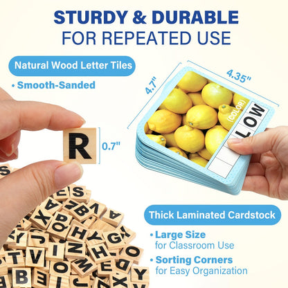 Spelling Word Game with 224 Picture Flash Cards, 208 Wooden Letter Tiles and Two Dice for Ages Four Plus
