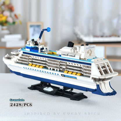Cruise Ship Building Block Model with 2,428 Pieces, Display Stand, Support Frame and Detailed Deck Features