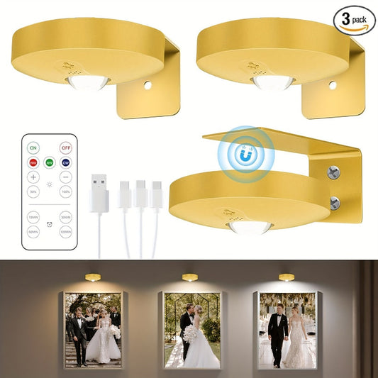 Picture Lights for Wall Rechargeable – Magnetic LED Art Display Light with Remote 3 Color Temperatures Dimmable Timer Golden Finish – 3-Pack & 6-Pack