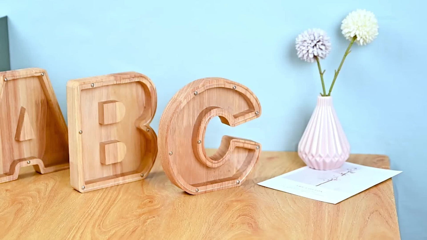 Wooden Alphabet Letter Coin Bank with Clear Front Panel and 23 Fixed Initial Options for Display