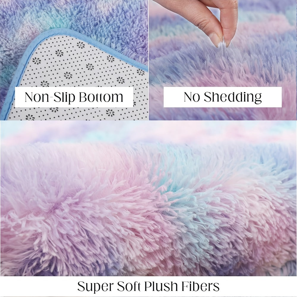 Area Rug Rainbow Purple Tie-Dye Shag in Three Machine-Washable Sizes for Bedroom or Living Room