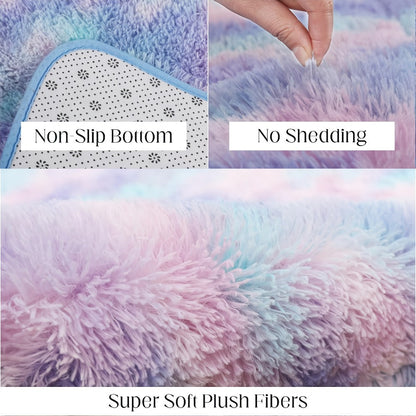 Area Rug Rainbow Purple Tie-Dye Shag in Three Machine-Washable Sizes for Bedroom or Living Room