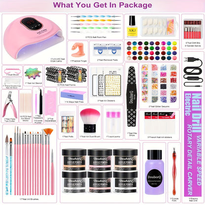 Acrylic Nail Kit with 36W UV LED Lamp, Electric Drill, Three Powders, Glitter Colors, Tips and Manicure Tools