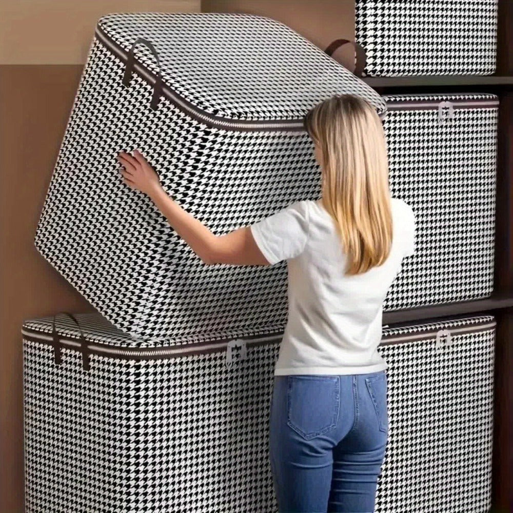 Large 160 L Houndstooth Fabric Storage Bag with Double Zippers, Carry Handles and Foldable Square Shape