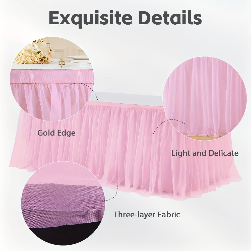 Pink Tutu Table Skirt 6ft – Ruffle Tulle Table Skirt for Rectangle & Round Tables, Princess Girls Birthday Party, Cake Dessert Table Decor, Gold Brim, Multiple Colors Available