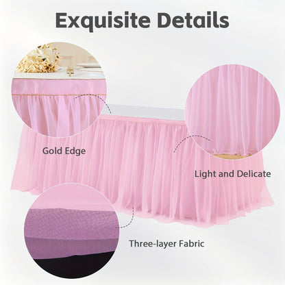 Pink Tutu Table Skirt 6ft – Ruffle Tulle Table Skirt for Rectangle & Round Tables, Princess Girls Birthday Party, Cake Dessert Table Decor, Gold Brim, Multiple Colors Available