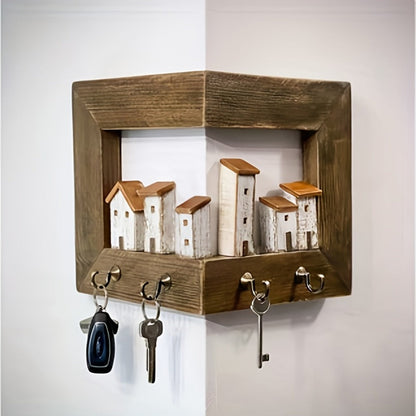 Wall Mounted Key Rack with Hooks - Rustic Wooden Key Holder with 6 House Hooks, Entryway Storage Organizer for Home Bedroom Wall Decor