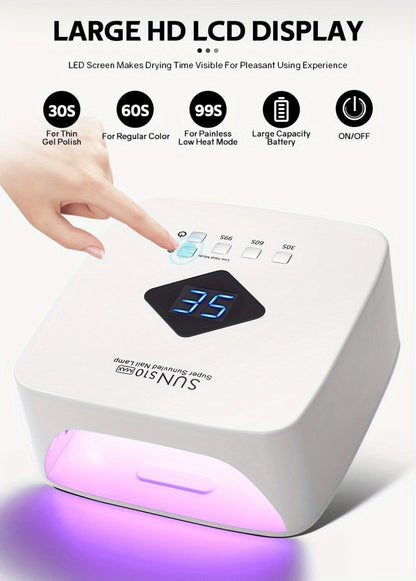 Wireless 30-Bead UV LED Nail Lamp in White with Three Timer Settings and SUN-S10MAX Model Label
