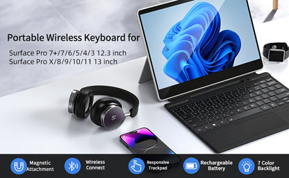 Surface Pro Keyboard with 7-Color Backlit Touchpad Ultra-Slim Bluetooth Wireless 15M Rechargeable 750mAh Type Cover for Microsoft Surface Pro 11 10 9 8 X 13 Inch & Surface Pro 7 Plus 7 6 5 4 3 12.3 Inch