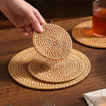 Six-Piece Round Rattan Woven Coaster Set, 3.93-Inch Drink Mats in Natural Khaki for Tabletop Display