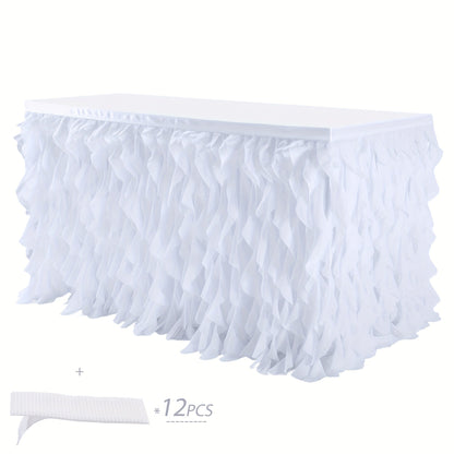 Six-Foot Curly-Willow Tulle Table Skirt with Twelve Color Options and Pictured Attachment Strips