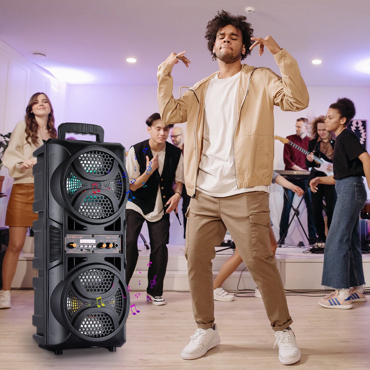 Portable PA Speaker Dual-Woofer RGB Karaoke System with 1800mAh Battery, Wired Mic and Remote